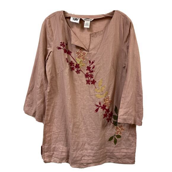 Richard Malcolm Embroidered Tunic Top Shirt Blouse M Irish Linen Sequins Flowers - Picture 1 of 4